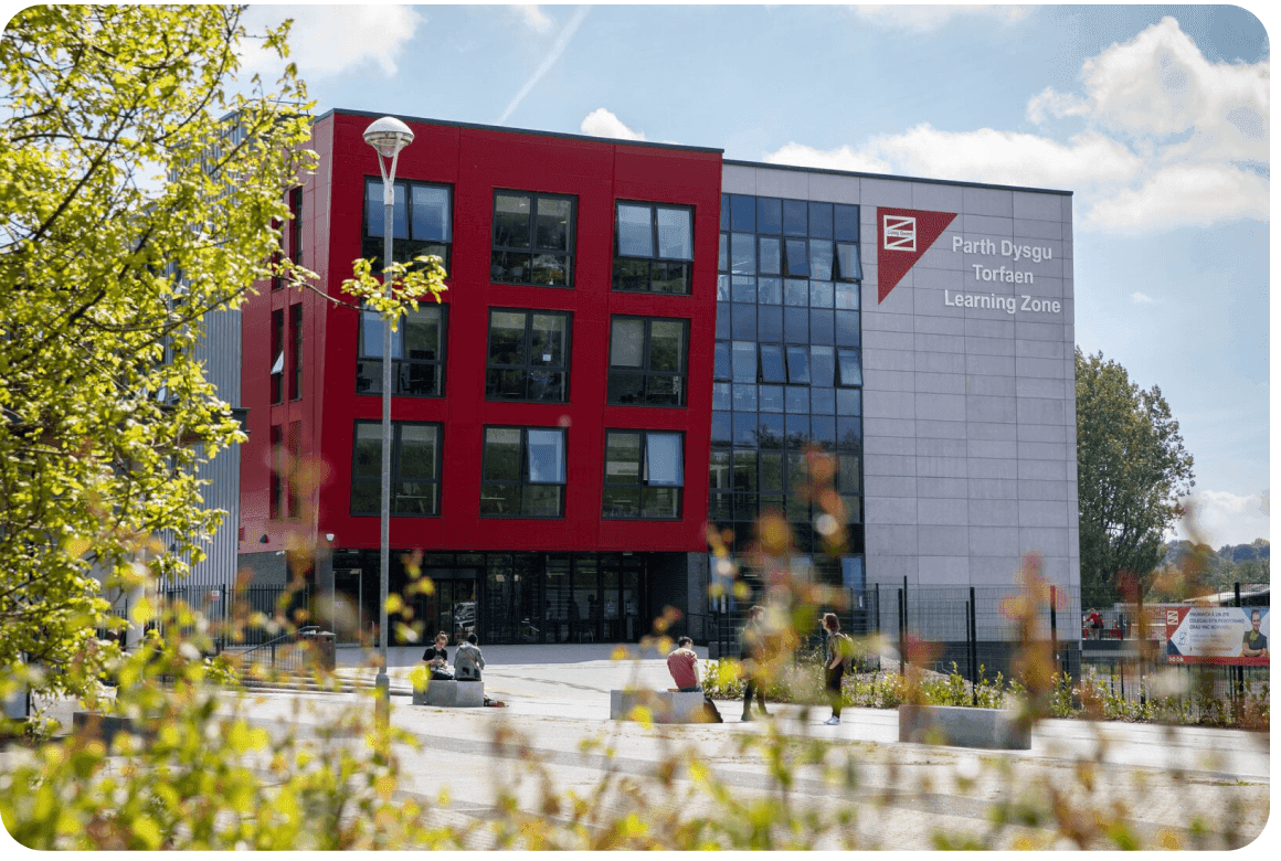 The red Coleg Gwent campus building
